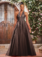 Maxi Robe de Bal Appliquée avec Corset en Tulle et Dentelle à Col Licou Chocolat