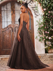 Maxi Robe de Bal Appliquée avec Corset en Tulle et Dentelle à Col Licou Chocolat