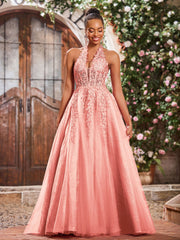 Maxi Robe de Bal Appliquée avec Corset en Tulle et Dentelle à Col Licou Corail