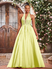 Maxi Robe de Bal Appliquée avec Corset en Tulle et Dentelle à Col Licou Jonquille
