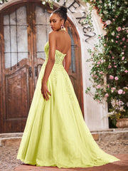 Maxi Robe de Bal Appliquée avec Corset en Tulle et Dentelle à Col Licou Jonquille