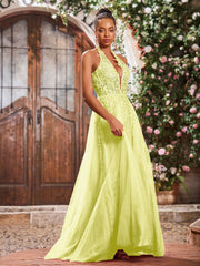 Maxi Robe de Bal Appliquée avec Corset en Tulle et Dentelle à Col Licou Jonquille