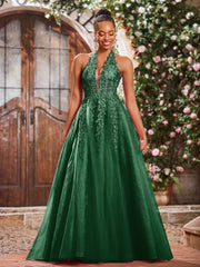 Maxi Robe de Bal Appliquée avec Corset en Tulle et Dentelle à Col Licou Vert Foncé