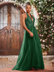 Maxi Robe de Bal Appliquée avec Corset en Tulle et Dentelle à Col Licou Vert Foncé