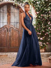 Maxi Robe de Bal Appliquée avec Corset en Tulle et Dentelle à Col Licou Bleu Marine