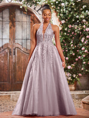 Maxi Robe de Bal Appliquée avec Corset en Tulle et Dentelle à Col Licou Crépuscule