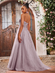 Maxi Robe de Bal Appliquée avec Corset en Tulle et Dentelle à Col Licou Crépuscule