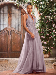 Maxi Robe de Bal Appliquée avec Corset en Tulle et Dentelle à Col Licou Crépuscule