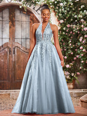Maxi Robe de Bal Appliquée avec Corset en Tulle et Dentelle à Col Licou Bleu Poudré