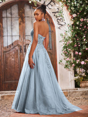 Maxi Robe de Bal Appliquée avec Corset en Tulle et Dentelle à Col Licou Bleu Poudré