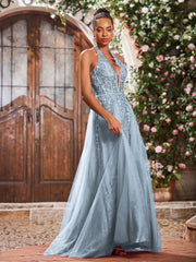 Maxi Robe de Bal Appliquée avec Corset en Tulle et Dentelle à Col Licou Bleu Poudré