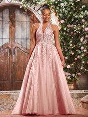 Maxi Robe de Bal Appliquée avec Corset en Tulle et Dentelle à Col Licou Rose Poudré