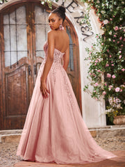 Maxi Robe de Bal Appliquée avec Corset en Tulle et Dentelle à Col Licou Rose Poudré