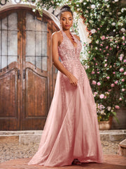 Maxi Robe de Bal Appliquée avec Corset en Tulle et Dentelle à Col Licou Rose Poudré