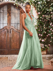 Maxi Robe de Bal Appliquée avec Corset en Tulle et Dentelle à Col Licou Sauge Poudrée