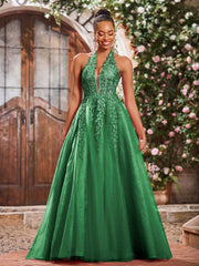 Maxi Robe de Bal Appliquée avec Corset en Tulle et Dentelle à Col Licou Emeraude