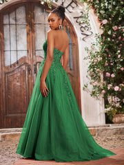 Maxi Robe de Bal Appliquée avec Corset en Tulle et Dentelle à Col Licou Emeraude