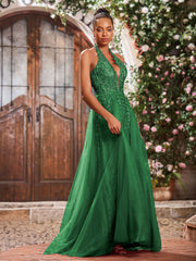Maxi Robe de Bal Appliquée avec Corset en Tulle et Dentelle à Col Licou Emeraude