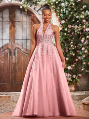 Maxi Robe de Bal Appliquée avec Corset en Tulle et Dentelle à Col Licou Flamant