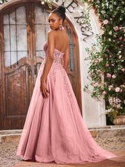 Maxi Robe de Bal Appliquée avec Corset en Tulle et Dentelle à Col Licou Flamant