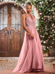Maxi Robe de Bal Appliquée avec Corset en Tulle et Dentelle à Col Licou Flamant