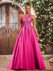 Maxi Robe de Bal Appliquée avec Corset en Tulle et Dentelle à Col Licou Fuchsia