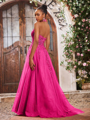 Maxi Robe de Bal Appliquée avec Corset en Tulle et Dentelle à Col Licou Fuchsia