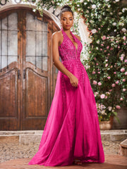 Maxi Robe de Bal Appliquée avec Corset en Tulle et Dentelle à Col Licou Fuchsia