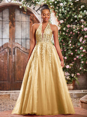 Maxi Robe de Bal Appliquée avec Corset en Tulle et Dentelle à Col Licou Or
