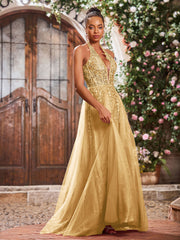Maxi Robe de Bal Appliquée avec Corset en Tulle et Dentelle à Col Licou Or