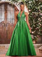 Maxi Robe de Bal Appliquée avec Corset en Tulle et Dentelle à Col Licou Vert