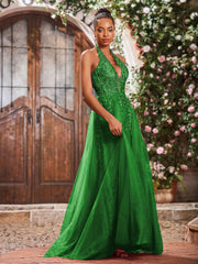 Maxi Robe de Bal Appliquée avec Corset en Tulle et Dentelle à Col Licou Vert