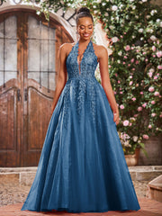 Maxi Robe de Bal Appliquée avec Corset en Tulle et Dentelle à Col Licou Bleu Encre