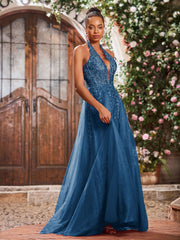 Maxi Robe de Bal Appliquée avec Corset en Tulle et Dentelle à Col Licou Bleu Encre