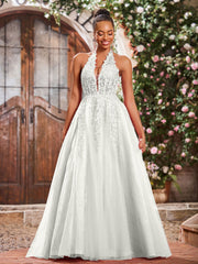 Maxi Robe de Bal Appliquée avec Corset en Tulle et Dentelle à Col Licou Ivoire