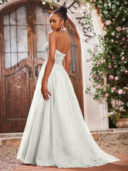 Maxi Robe de Bal Appliquée avec Corset en Tulle et Dentelle à Col Licou Ivoire