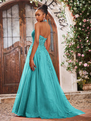 Maxi Robe de Bal Appliquée avec Corset en Tulle et Dentelle à Col Licou Jade