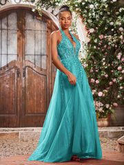 Maxi Robe de Bal Appliquée avec Corset en Tulle et Dentelle à Col Licou Jade