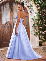 Maxi Robe de Bal Appliquée avec Corset en Tulle et Dentelle à Col Licou Lavande