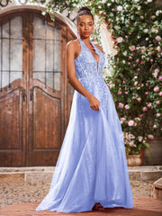 Maxi Robe de Bal Appliquée avec Corset en Tulle et Dentelle à Col Licou Lavande
