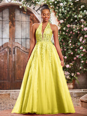 Maxi Robe de Bal Appliquée avec Corset en Tulle et Dentelle à Col Licou Citron