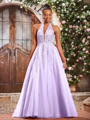Maxi Robe de Bal Appliquée avec Corset en Tulle et Dentelle à Col Licou Lilas