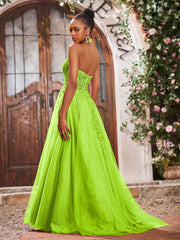 Maxi Robe de Bal Appliquée avec Corset en Tulle et Dentelle à Col Licou Vert Citron