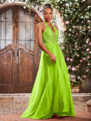 Maxi Robe de Bal Appliquée avec Corset en Tulle et Dentelle à Col Licou Vert Citron