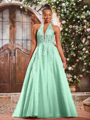 Maxi Robe de Bal Appliquée avec Corset en Tulle et Dentelle à Col Licou Vert Menthe