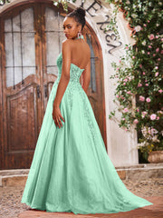 Maxi Robe de Bal Appliquée avec Corset en Tulle et Dentelle à Col Licou Vert Menthe