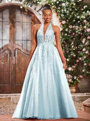 Maxi Robe de Bal Appliquée avec Corset en Tulle et Dentelle à Col Licou Brume