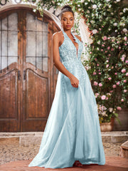 Maxi Robe de Bal Appliquée avec Corset en Tulle et Dentelle à Col Licou Brume
