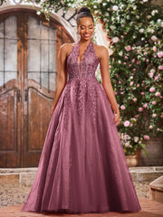 Maxi Robe de Bal Appliquée avec Corset en Tulle et Dentelle à Col Licou Mûre