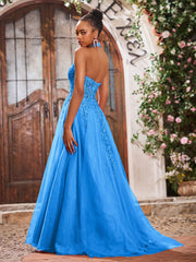 Maxi Robe de Bal Appliquée avec Corset en Tulle et Dentelle à Col Licou Bleu Océan
